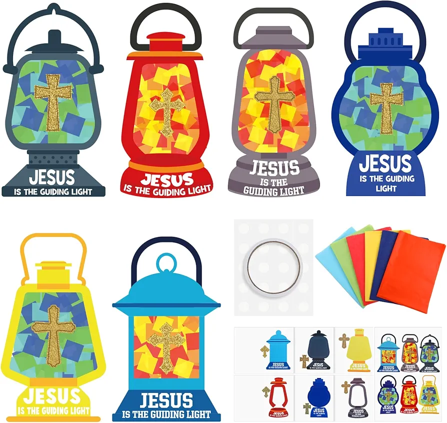 30 Sets Religious Sunday School Crafts for Kids, Jesus Lights The Way Tissue Sign Craft Kit DIY Oil Lamp Tissue Paper Craft Bulk Cross Tissue Kit for Father's Day VBS Home Church Activities