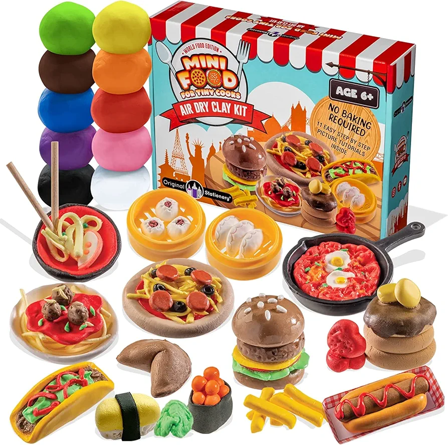 Original Stationery Mini World Food Air Dry Clay Kit, 10 Colors of Modeling Clay for Sculpting and Over 19 Pieces in this DIY Molding Clay for Kids Set to make Mini Food, Kids Arts and Crafts Ages 6-8