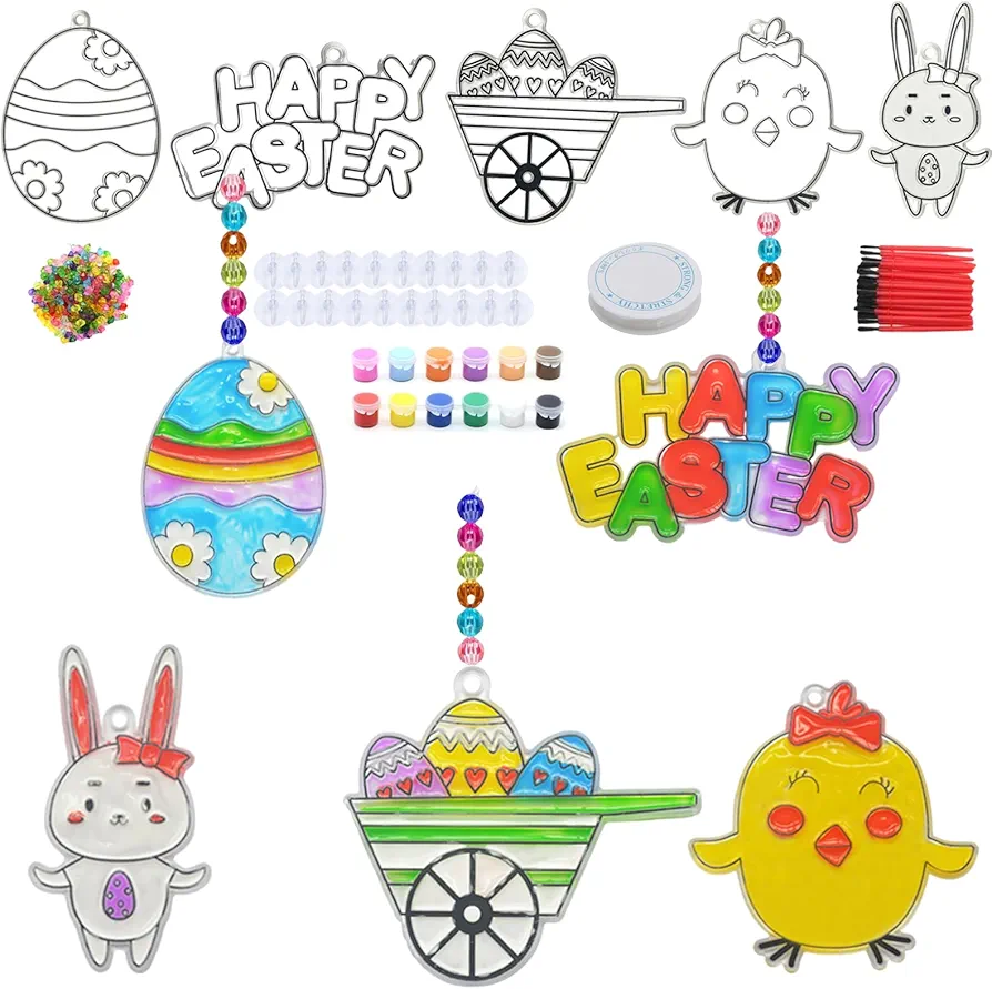 XINAR 20 Sets Easter Suncatchers Ornaments Decorations DIY Window Paint Art Spring Suncatchers Craft Kits Easter Egg Bunny Rabbit Chicken Sun Catchers for Kids Classroom Activities Art Project, Small