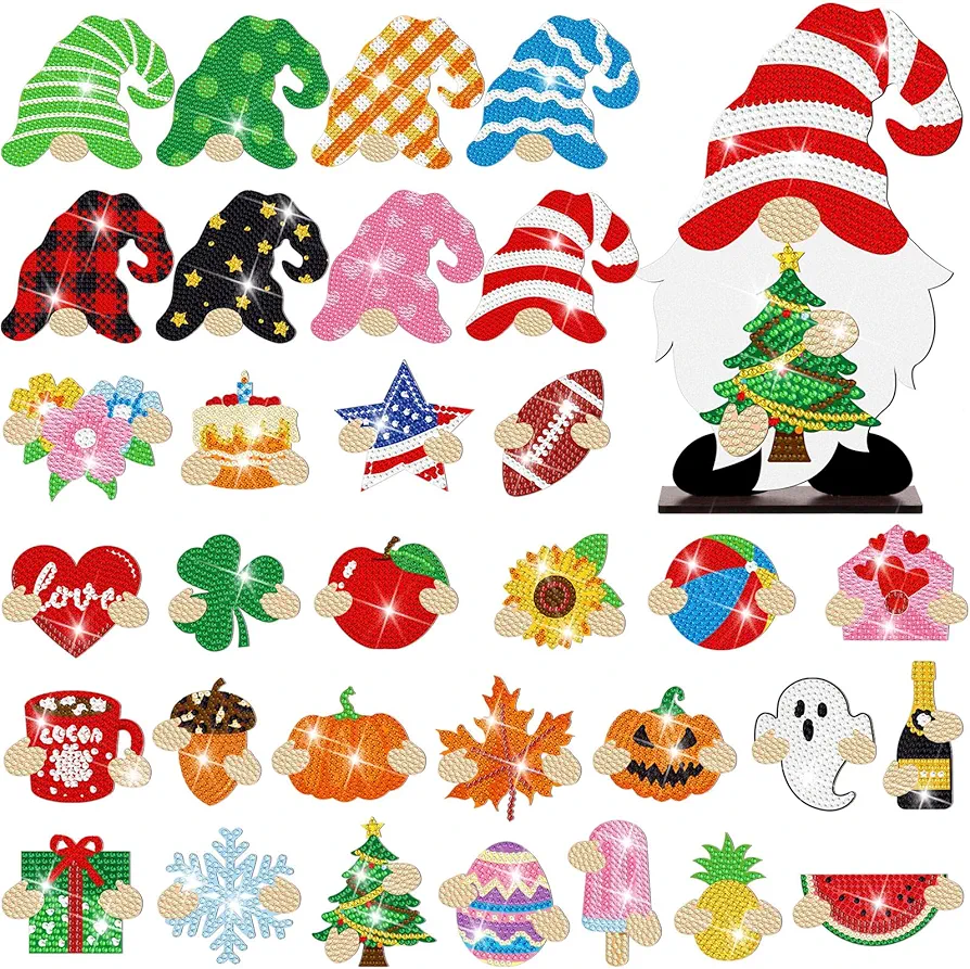 DoubleFill 34 Pcs Magnetic Diamond Art Gnome Interchangeable Gnome Decor DIY Holiday Seasonal Diamond Art Magnet Kits Tiered Tray Decoration Replaceable Accessories for School Office Home