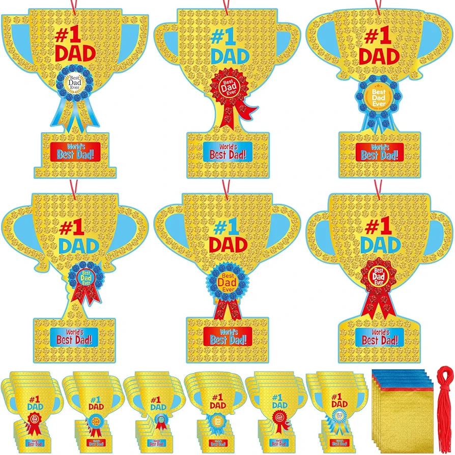 Baderke 30 Sets Father's Day Trophy Craft Kit for Kids, DIY Dad Glitter Mosaic Sign Craft Make Your Own World's Best Dad Father's Day Trophy Craft Party Gifts for Kids Home School Classroom Activities
