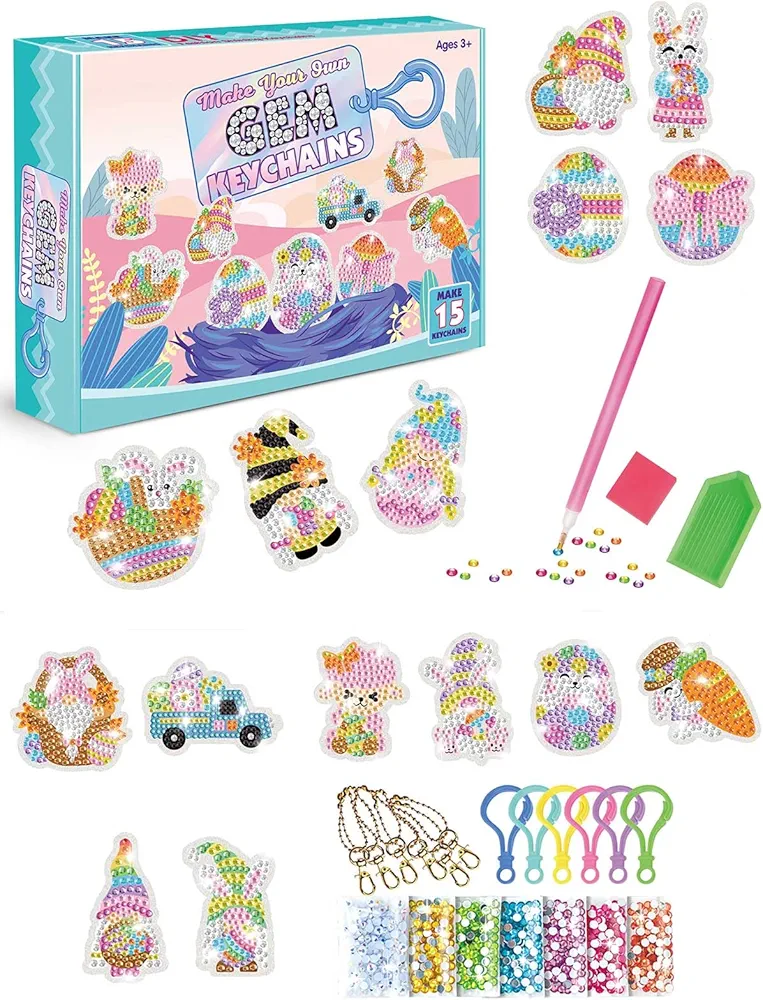 PanLynner Arts and Crafts for Girls, 15pcs Suncatchers Gem Keychains, Mosaic Diamond Painting Kits for Kids ages 4-6-8-10-12, Paint by Number Accessories, Toys and Gifts for Children (Easter Gonk Set)