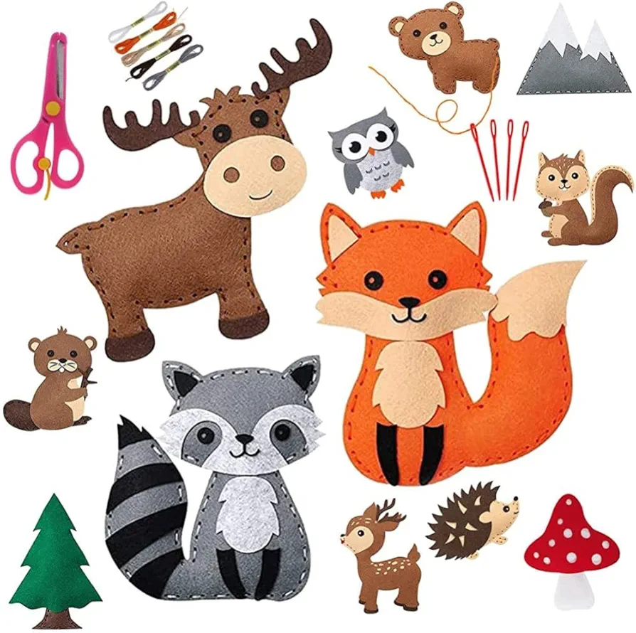 Craft Kits, Sewing Kit for Kids Dinosaur DIY Art Craft Felt Set Animals Preschool Beginners Educational Sewing Set Project Party Supplies for Boys Girls (Animal)