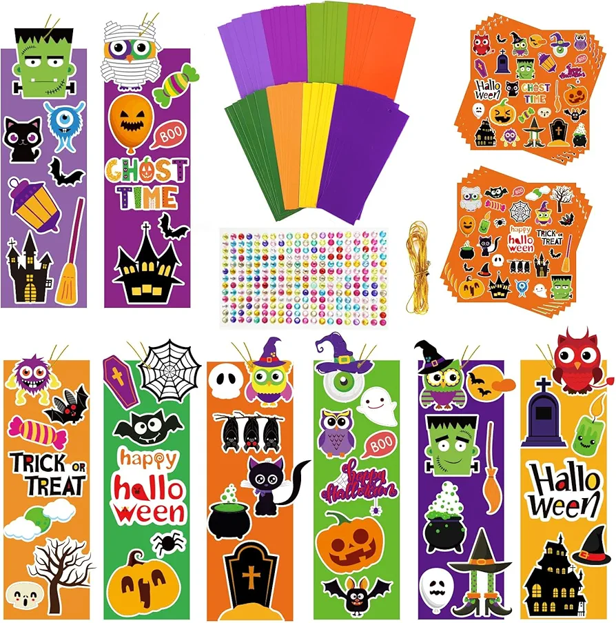 48Pcs Halloween Bookmarks Craft for Preschool Kids,DIY Halloween Art Craft Kit with Pumpkin Maple Leave Turkey Stickers Home Classroom Indoor Game Activities