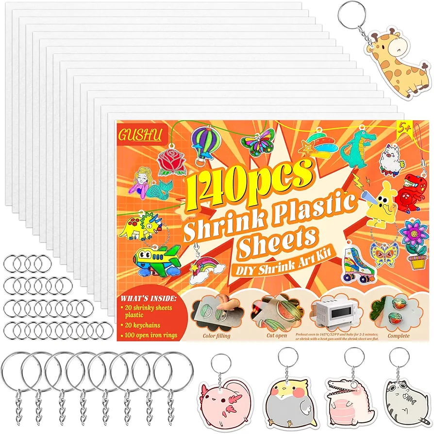 Gushu 140PCS Shrinky Dink Sheets Kit, Shrink Paper Keychain Kit with 20PCS Shrink Paper 120PCS Keychains and Open Iron Ring for Kids Creative Craft Marking, Handprint Keychains