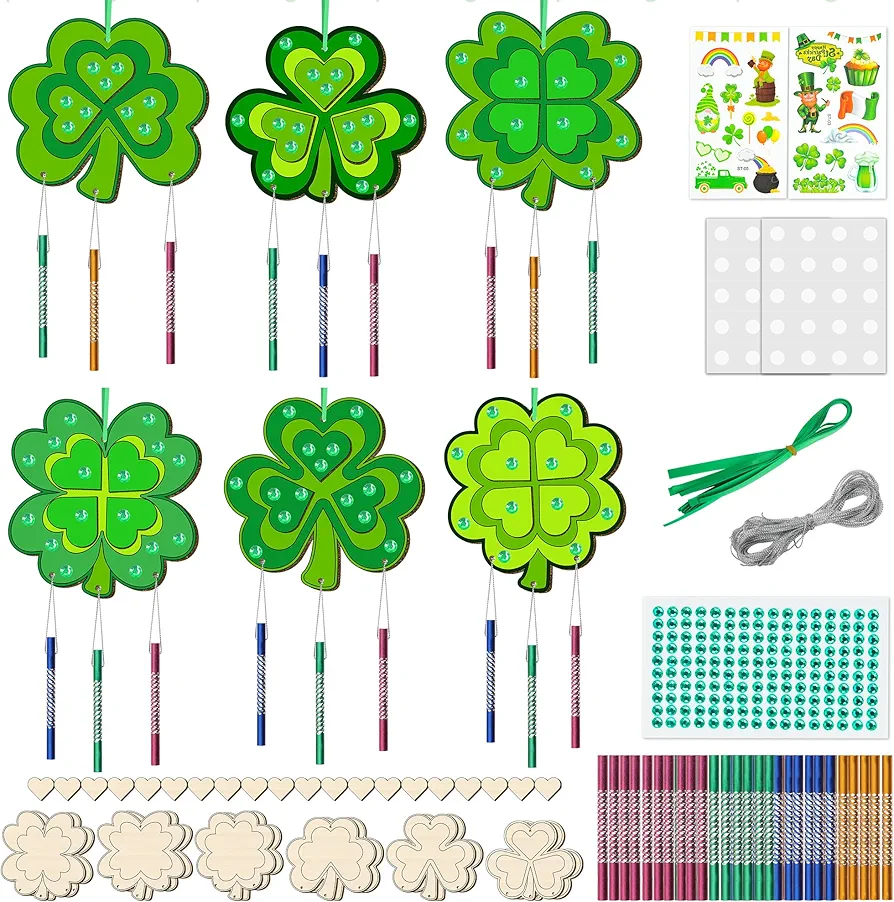 12Pack St. Patrick's Day Shamrock Wind Chimes Kit of Kids, Double Layer Clover Make You Own Wind Chimes Lucky Irish Day Leaf DIY Coloring Wood Art and Craft for March Party Decoration