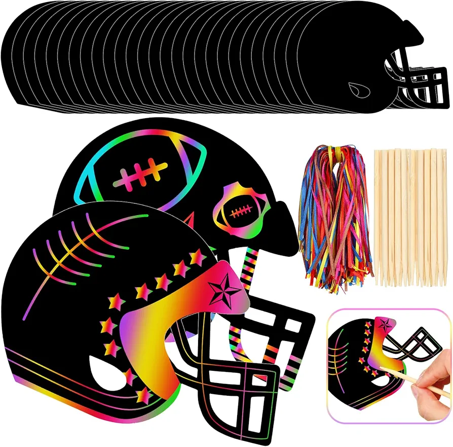 Syhood 64 Pcs Football Scratch Paper Crafts Kit Football Helmet Scratch Cards Ornaments with Wooden Stylus and Ribbons for Audlts Crafts Painting Classroom Party Supplies