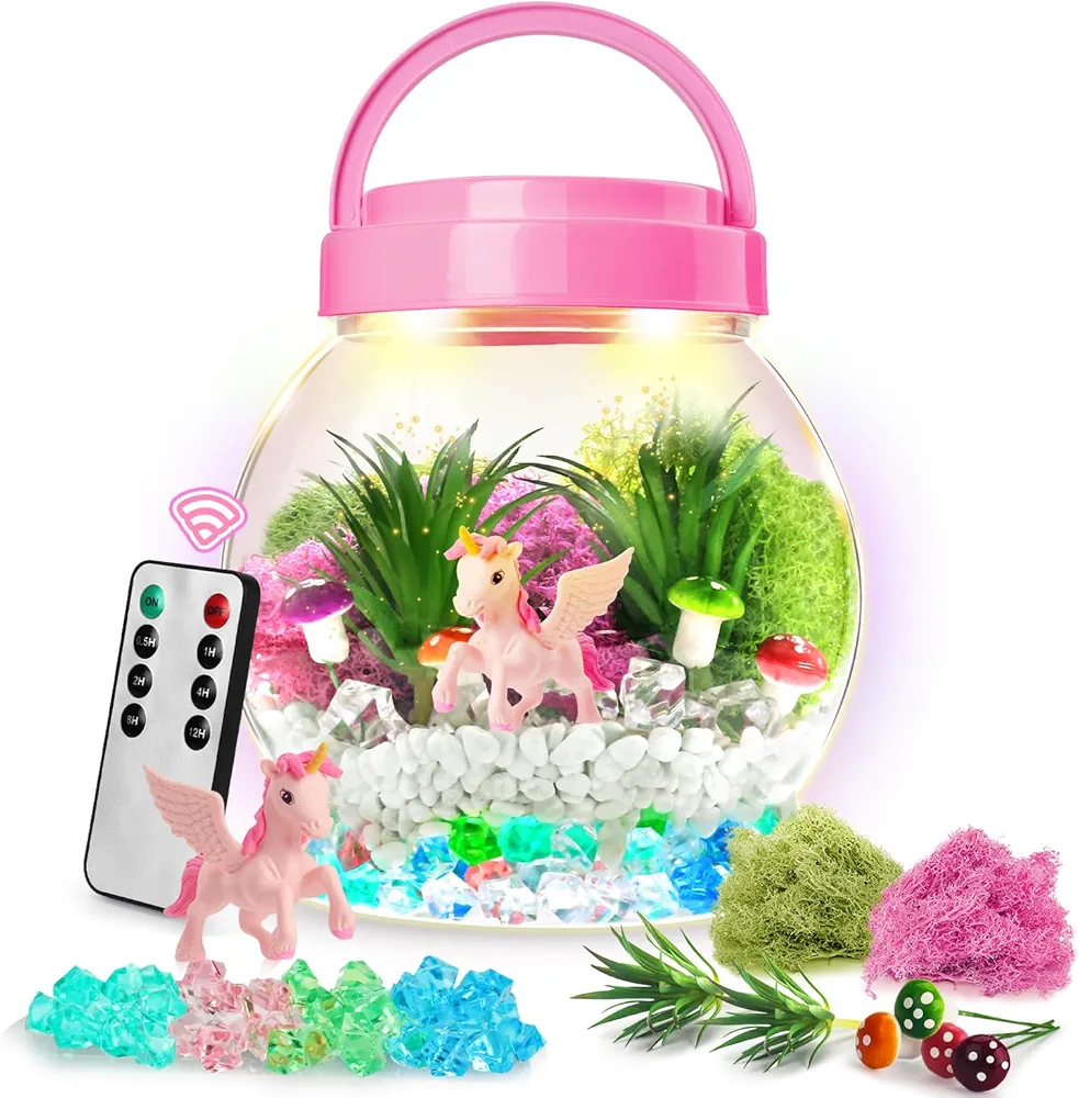 EnFiado Unicorns Gifts for Girls, Rainbow Light Up Unicorn Terrarium DIY Kit for Kids, Arts & Crafts Full Set Supplies for 4 5 6 7 8-12 Year Old Girls Birthday