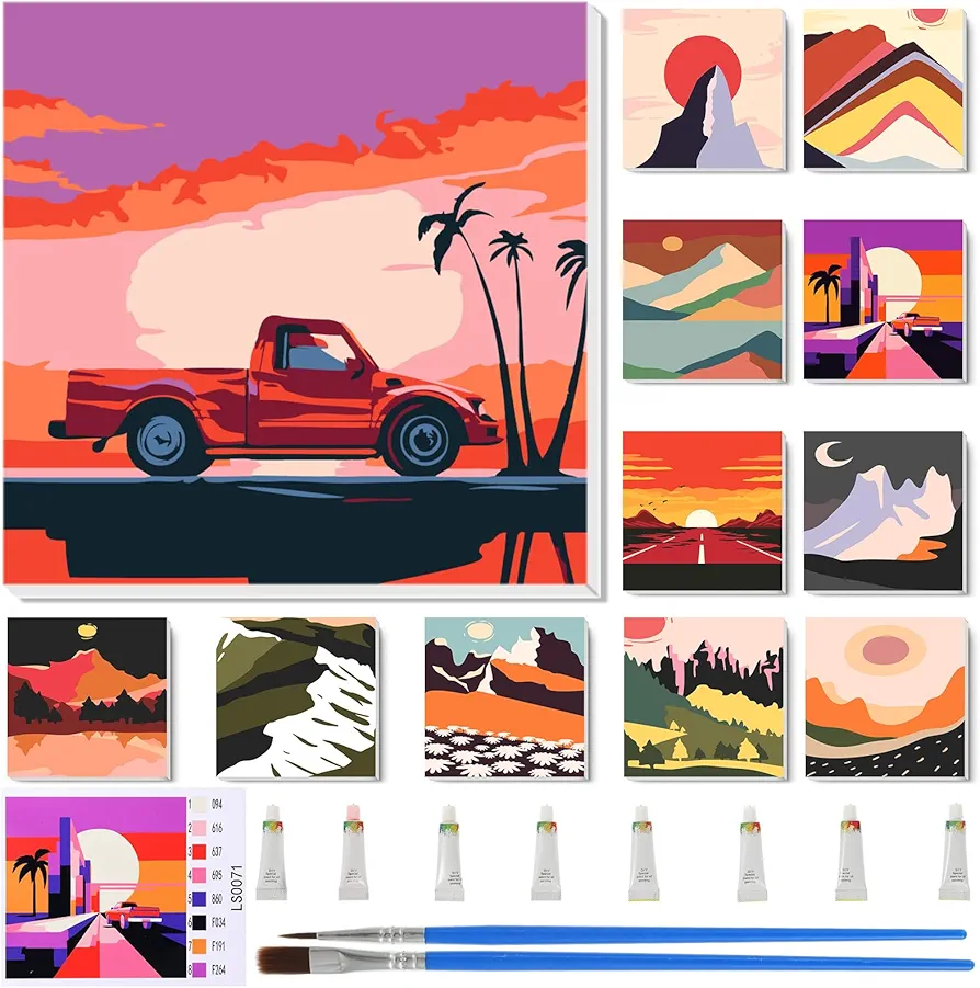 Nezyo 12 Sets Paint by Numbers with Frame for Adult Beginners Canvas, DIY Acrylic Paint by Number Canvas for Painting Party and Classroom Activity and Gift for Birthday, 8 x 8 Inch(Travel)