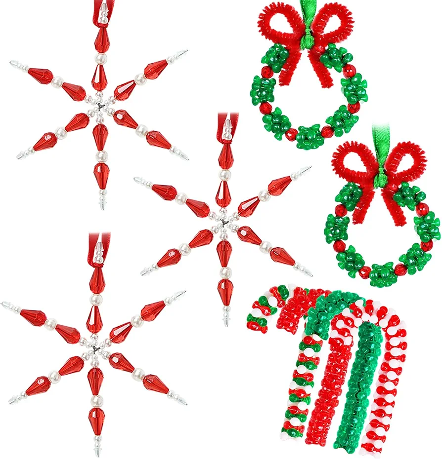 GYGOT Christmas Crafts for Kids Adults,30 Sets Christmas Beaded Ornament Kit to Make-Incl. 6 PC Snowflake/12 PC Wreath/12 PC Candy Cane(Assembly Needed)