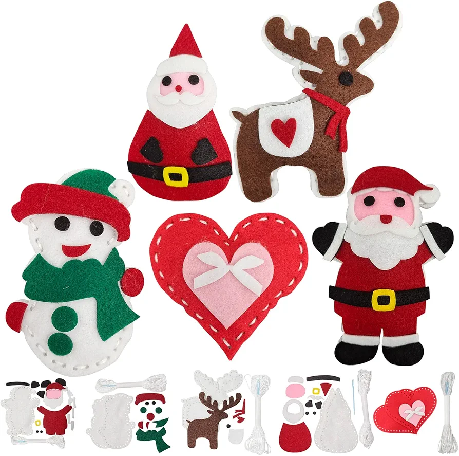 Jtnohx 5 Sets Sewing Kit for Kids, Felt Christmas Ornaments Set, DIY Craft Kits - Christmas Deer, Santa Claus, Snowman, Heart, Christmas Tree Decor for Home Party Decorations