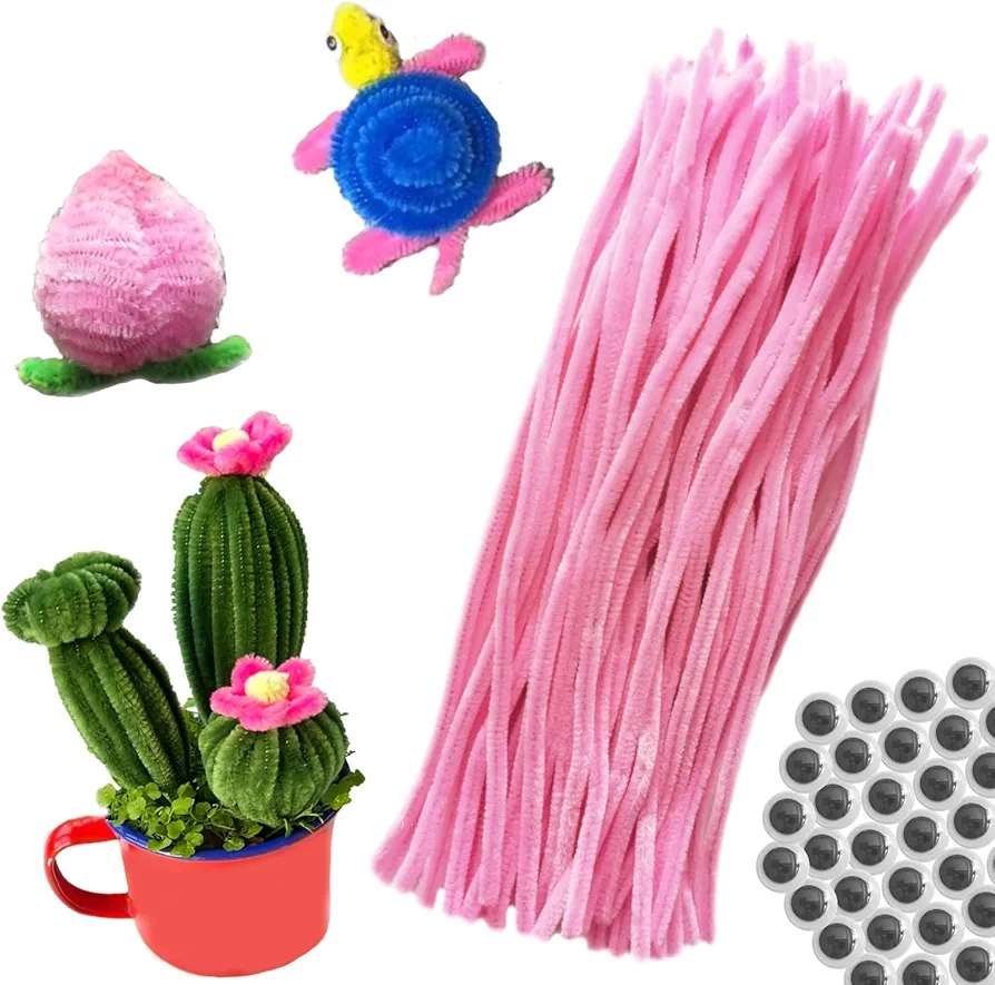 100Pcs Pink Pipe Cleaners Chenille Stems for DIY Art and Crafts with Googly Eyes 100pcs (12inch x 6mm)