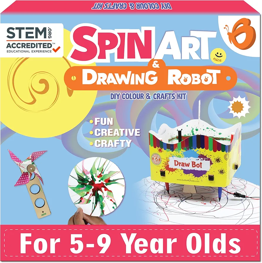 ButterflyEdufields 2in1 Spin Art Machine & Drawing Robot, DIY Spin & Paint Art Craft Kit,STEM Construction Activity Toys for Kids 6+ Years Boys Girls, Best Gift for Kids