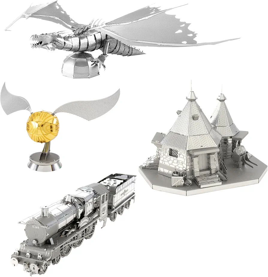 Fascinations Metal Earth 3D Metal Model Kits - Harry Potter Set of 4 - Hogwarts Express Train, Hagrid's Hut, Golden Snitch, Gringotts Dragon
