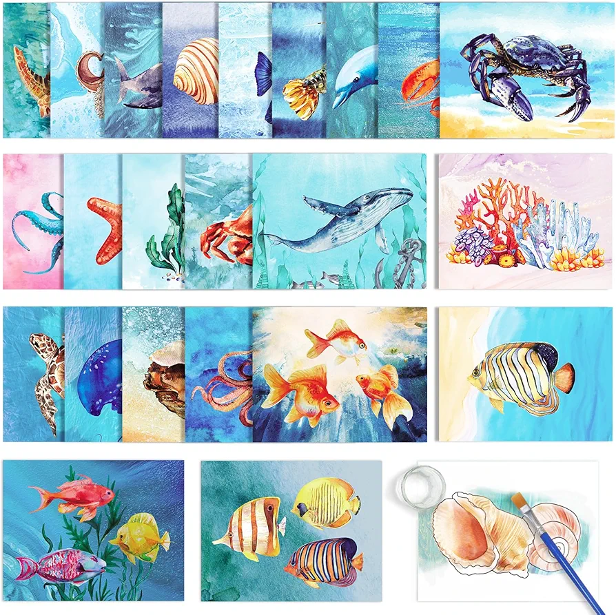 ZOiiWA 48 Pcs Dementia Products for Elderly Reusable Water Painting Toys Ocean Animal Dementia Activities for Adults Seniors Dementia Water Doodle Coloring Set Painting Brush for Elderly Drawing Gifts