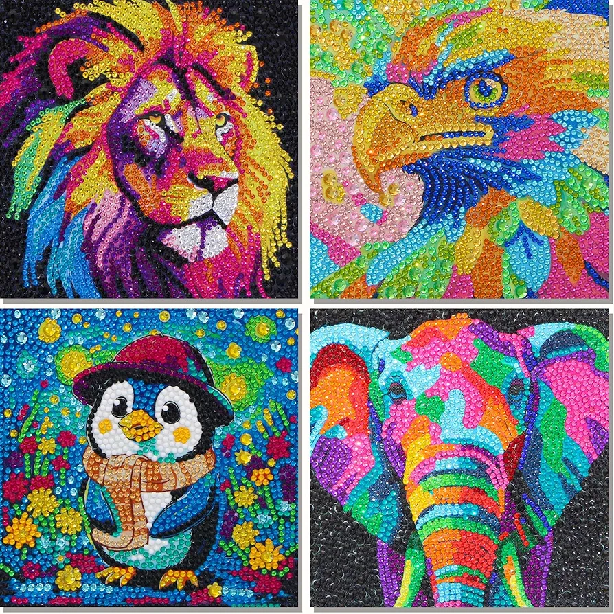 Libfx Diamond Art Kits for Kids 4 PCS Diamond Art for Kids Girls Boys Beginners Arts and Crafts for Kids Ages 8-12 (Lion-Elephant)