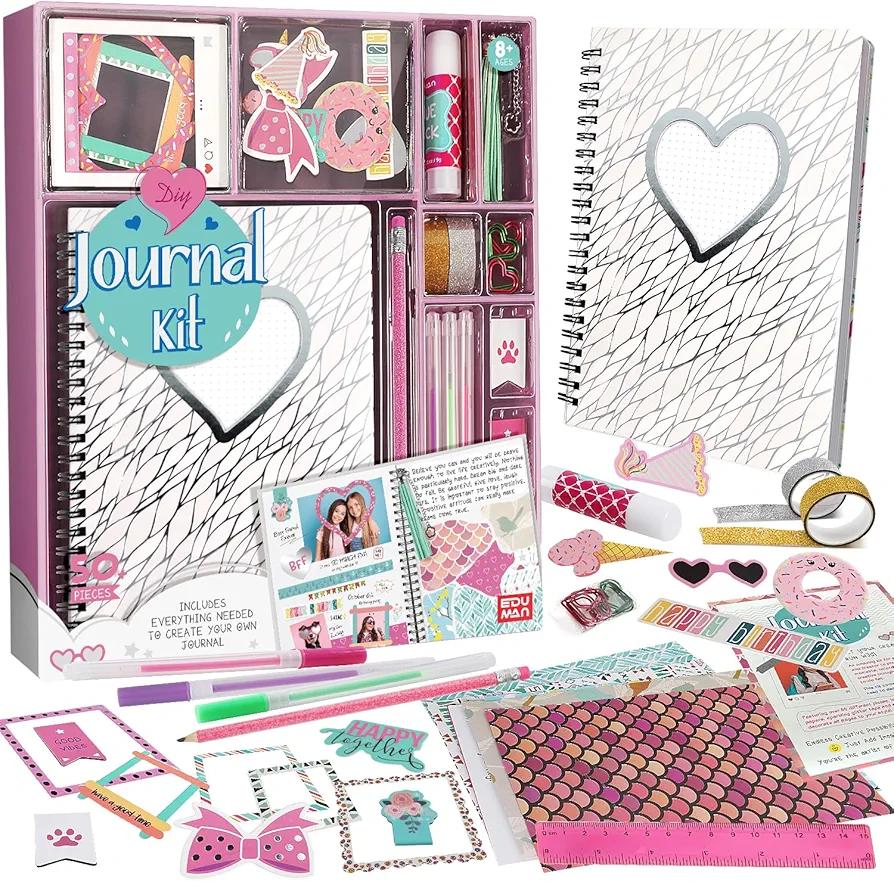 EDUMAN DIY Journal Kits for Girls - Birthday Gifts for Girls Ages 8-12，Girls Diary，Girl Gifts,Kids Scrapbook Kits & Diary Supplies Stationary Set，Journal Girls (White)