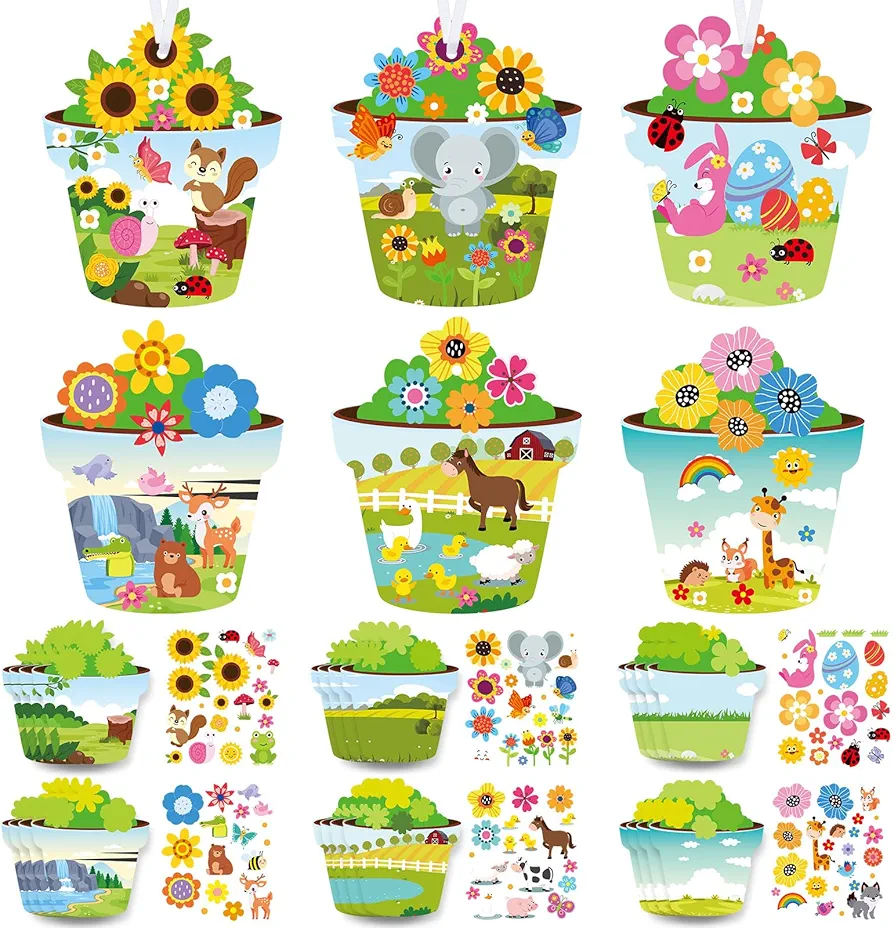 Pasimy 24 Pcs Spring Craft Kits for Kids DIY Spring Flower Pot Shaped Craft Make Your Own Flower Pot Paper Craft Set Spring DIY Art Craft Kits for Home Class Game Activities Kindergarten