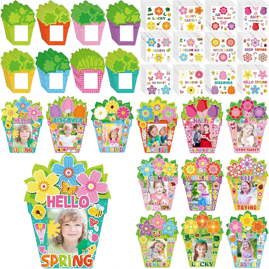 Pasimy 48 Set Spring Craft Kits for Kids DIY Picture Frame Craft with Stickers Spring Activities Floral Crafts Picture Frame Craft Gifts for Springtime Gift Craft Party Games Activities(Cute)