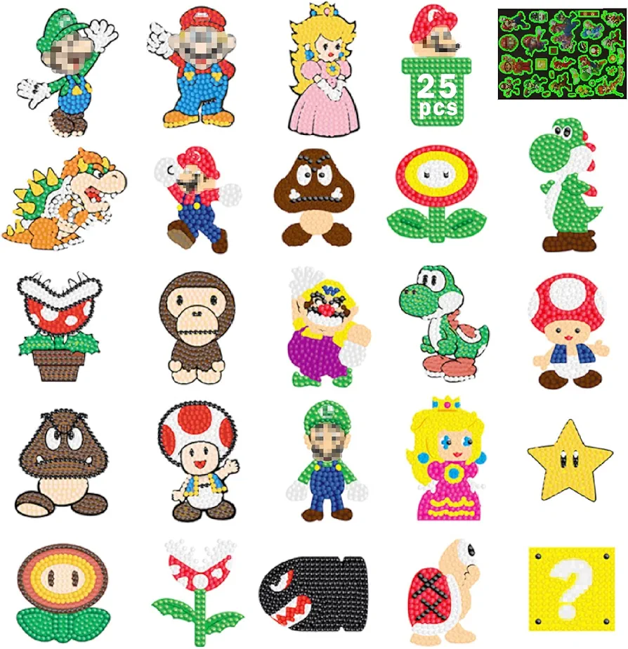 24 PCS Diamond Painting Stickers Cartoon Mario Diamond Gem Stickers Kit 5D Diamond Art Stickers Moisac Gift for Party Favor (#B-Mario-24PCS+2 Stickers)