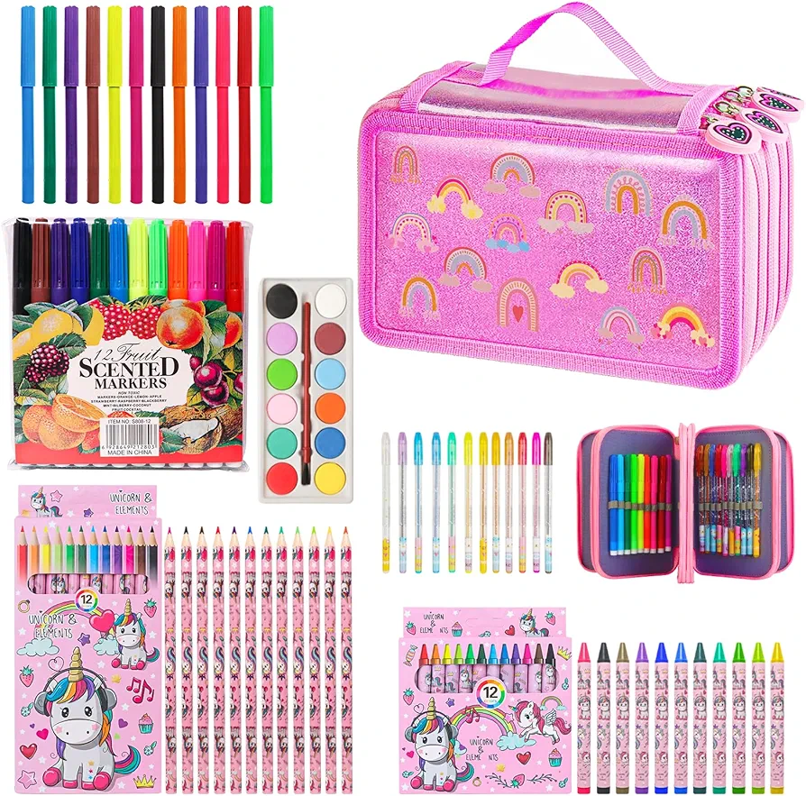 Fruit Scented Washable Markers Set with Glitter Rainbow Pencil Case, 62 PCS Arts and Crafts for Kids Ages 4-6-8, Kids Coloring Markers Pencils Crayons Art Supplies Unicorn Birthday Christmas Gifts