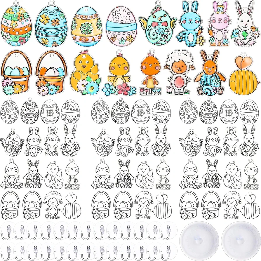 Geyee 130 Pcs Easter Window Art Craft Kit Set 64 Pcs DIY Easter Suncatcher Ornaments Easter Egg Window Art Kit Crafts Toy 64 Pcs Suction Hook 2 Pcs Elastic Cord for Crafts Activities Party Decorate