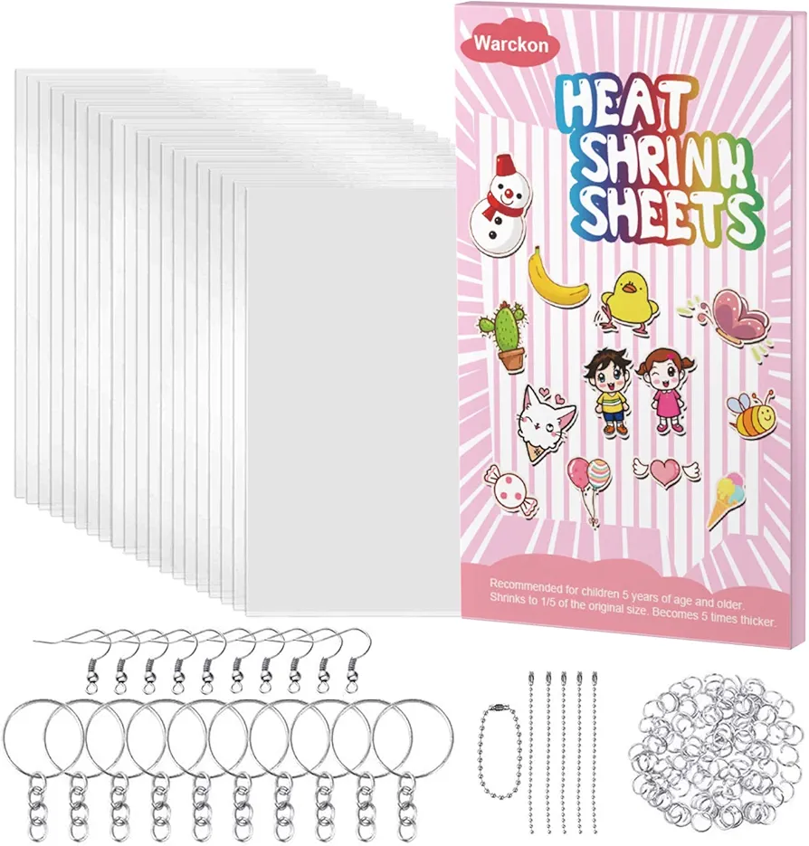 Warckon 149 Pieces Shrink Plastic Sheet Kit Include 24 PCS Shrinky Art Paper with 125 PCS Keychains Accessories for Kids Creative Craft