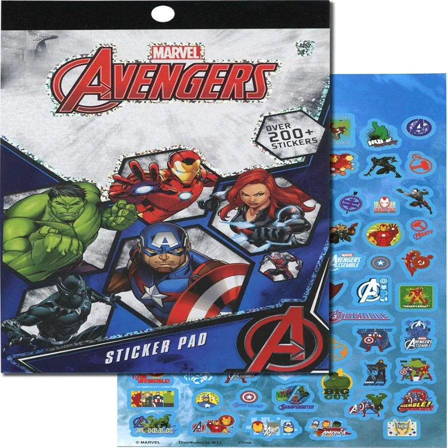 Marvel Avengers Sticker Pad 4 Sheets/Pack Over 200pcs Arts & Crafts Decorative Stationery Collection Multicolored Superhero Artwork Design Logos Characters Costumes Weapons - Party Favor for Kids