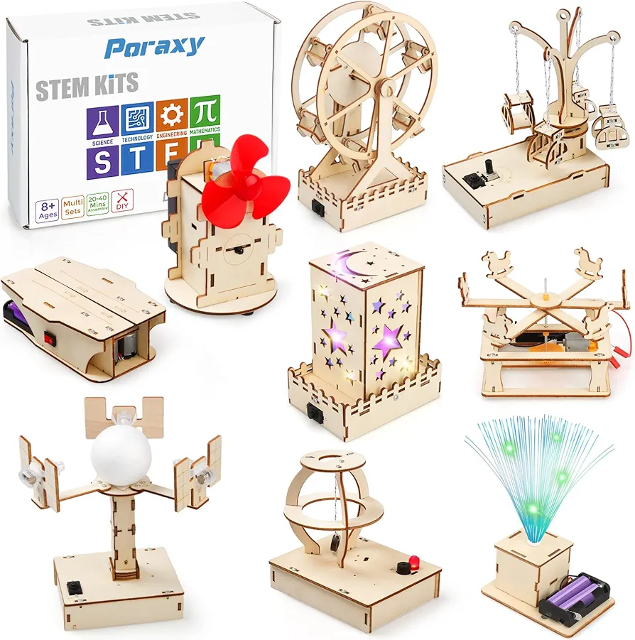 9 Set STEM Kits for Kids 8-10-12, Toys for Ages 8-13, Gifts for 8 9 10 11 12 13 Year Old Boys and Girls, Wooden 3D Puzzles, STEM Projects, Science Educational Crafts Building Kits