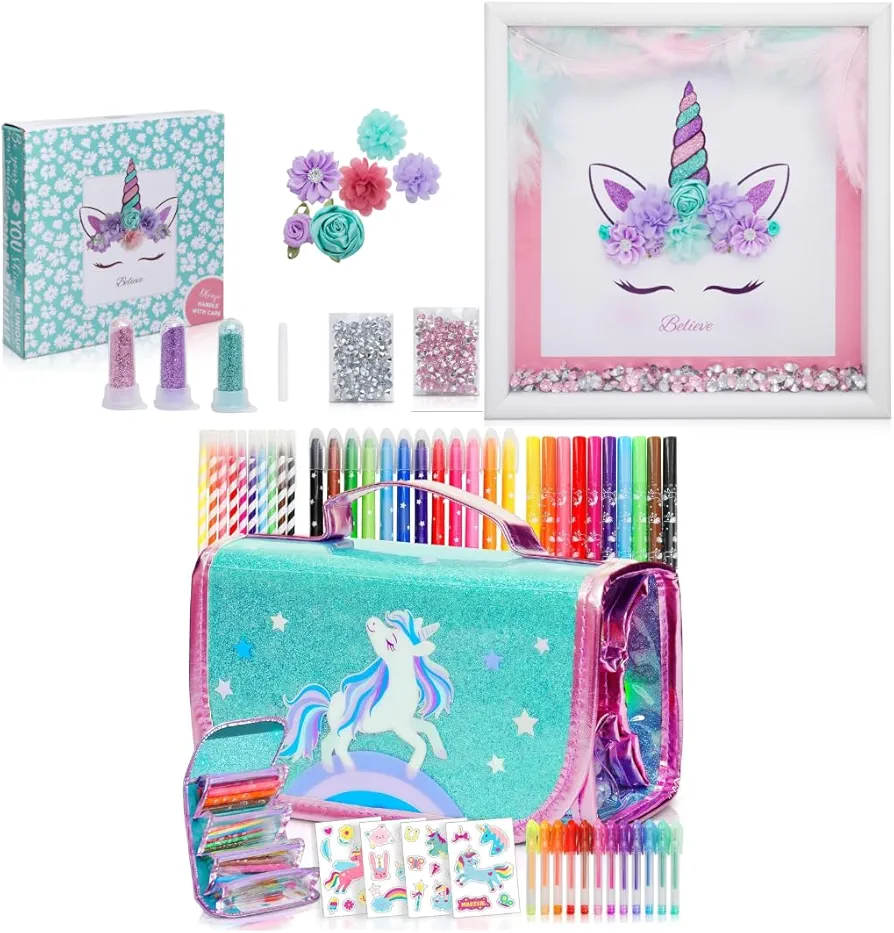 Amitié Lane Arts & Crafts Gift Set - Make Your Own Unicorn Framed Picture Plus A Scented Markers Set - Unicorns Gifts for Girls - DIY Bedroom Decor, Girl Gifts For 5 Year Old & Ages 6 7 8-10