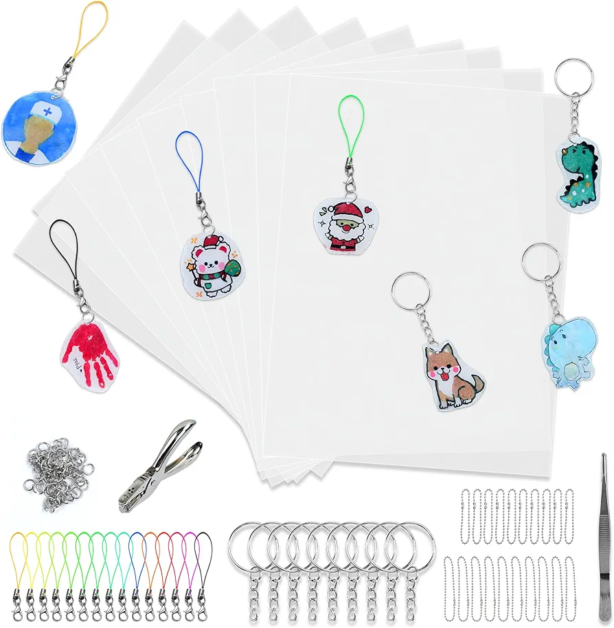BAPHILE Heat Shrink Plastic Sheets Keychain Kit,206 Pcs Shrinky Sheets Kits for Shrinky,Including 20 Pcs Shrink Paper Sheets,Keychains Accessories Hole Punch for Crafts and Keychains Ornaments