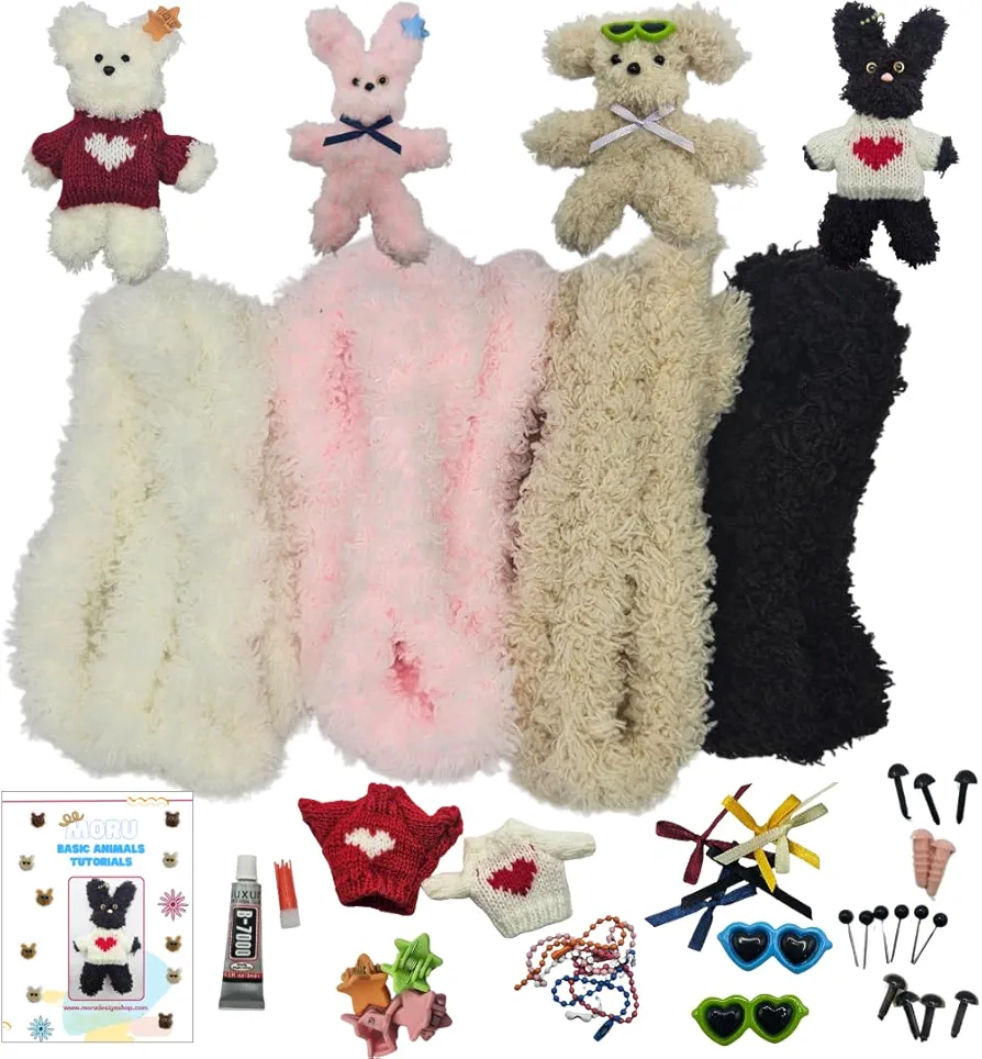 Moru Fur Pipe Cleaner Craft Kit # 2, Soft & thick Teddy fur-stem wire for DIY art & craft. with decorative accessories(Sweaters/Eyes/Nose/Ribbons)&Tutorial. Great for a gift, craft class, party