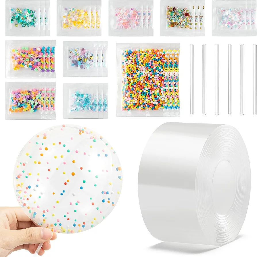 B1ykin 37Pcs Nano Tape Bubble DIY Craft Kit Elastic Bubbles Double Sided Tape Plastic Balloon Glitter Sticky Ball Squeeze Art kit with Straws Party Favors and Fidget Toys Nostalgia Gift for Kids