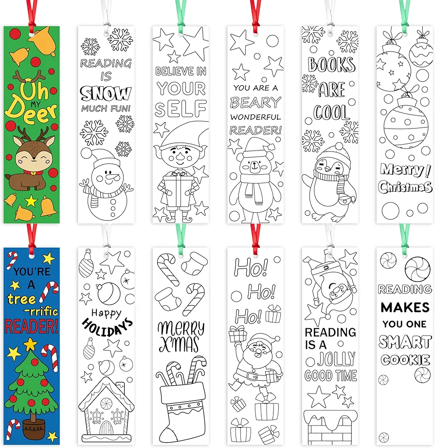 ANGOLIO 75Pcs Christmas Color Your Own Bookmarks Kids DIY Coloring Christmas Party Bookmarks Game Prize Art Craft Supplies Birthday Goodie Bag Fillers Classroom Reading Club Rewards