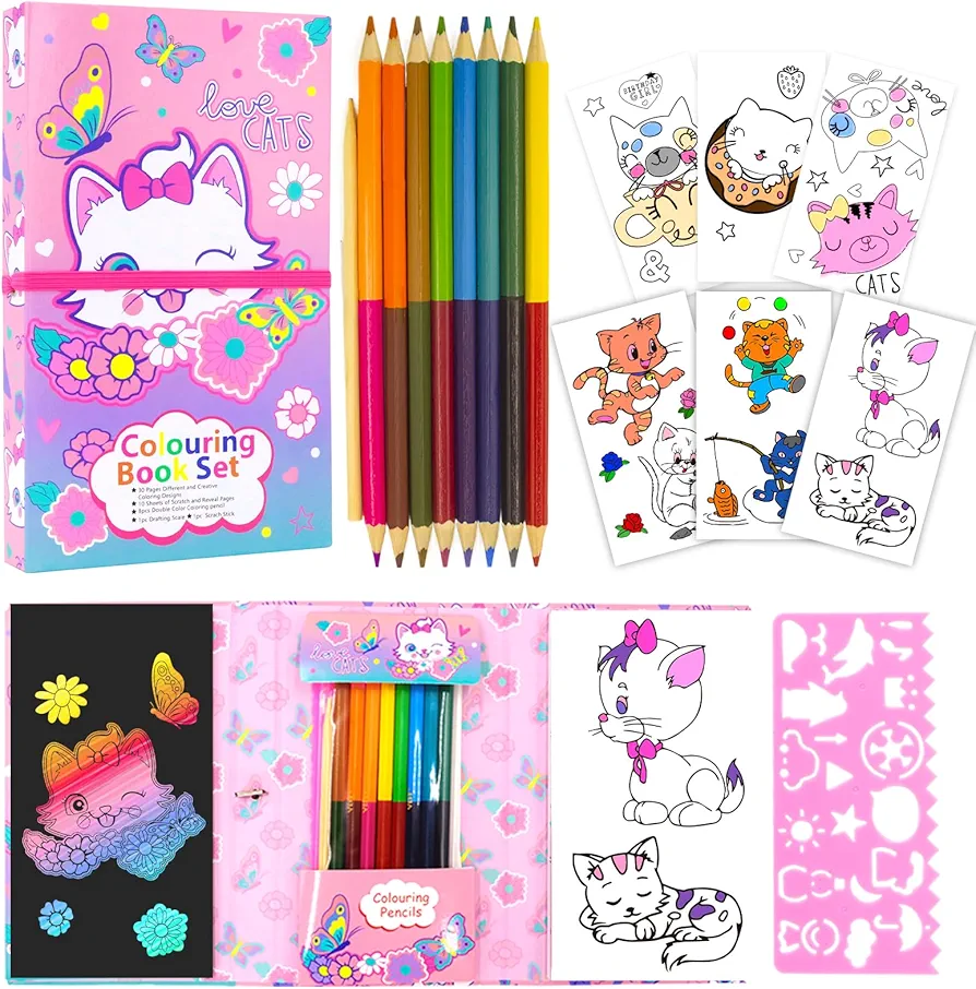 YOYTOO Cat Coloring Pads Kit for Girls, Unicorn Coloring Book with 30 Coloring Pages 10 Rainbow Scratch Papers 16 Colored Pencils for Drawing Painting, Travel Coloring Kit for Kids Girls Ages 3-12