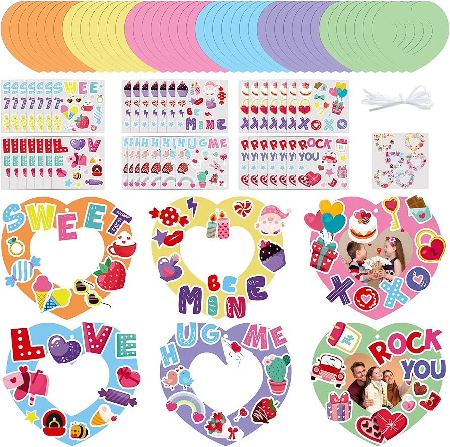 3sscha 130Pcs Valentine's Day Heart Wreath Craft Kit for Kids DIY Make Your Own Heart-Shaped Phrases Self-Adhesive Sticker Artwork Handmade Valentine Decor Classroom Home Activity Party Favor Supplies