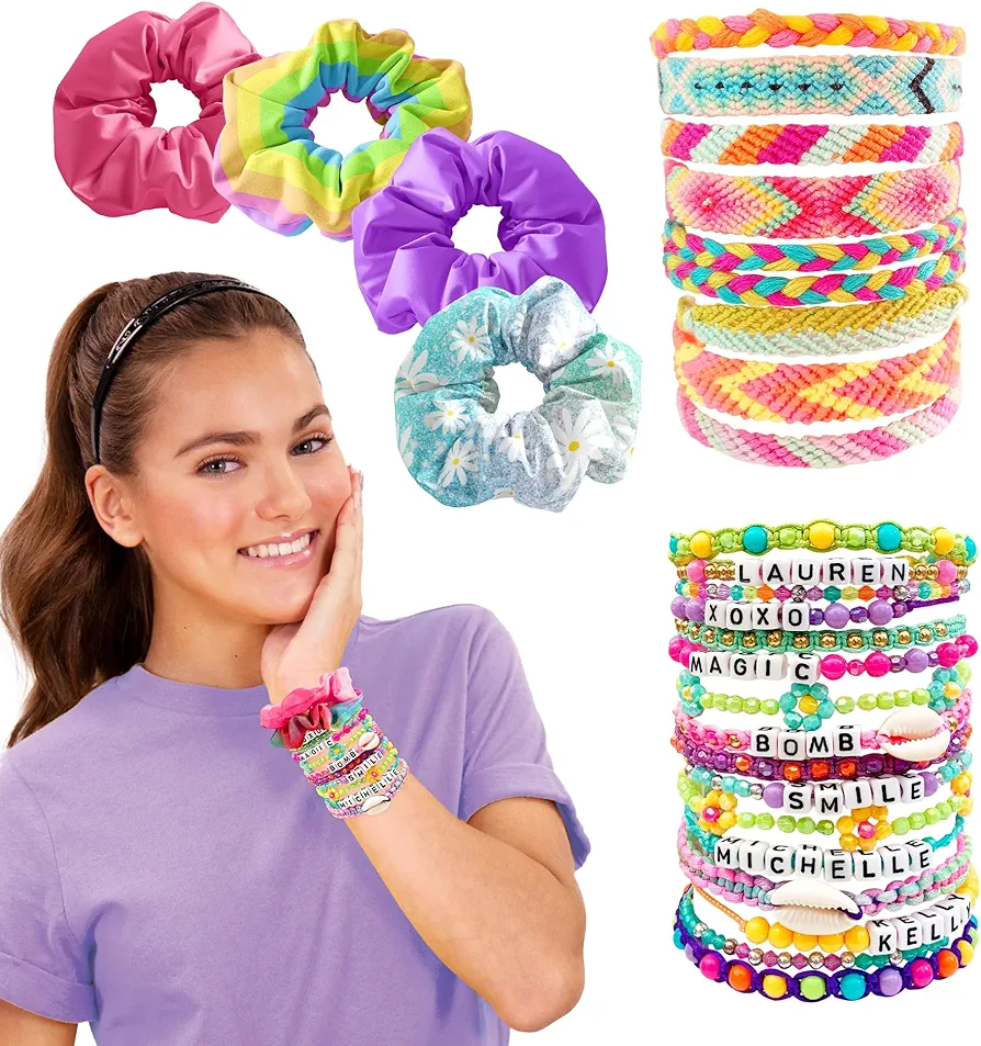 ACTIVITY KINGS 3-in-1 Customizable DIY Hair and Fashion Accessory Gift Set for Girls Ages 6+, Arts and Craft Pack Includes Bracelets, Beads, Scrunchies ILY