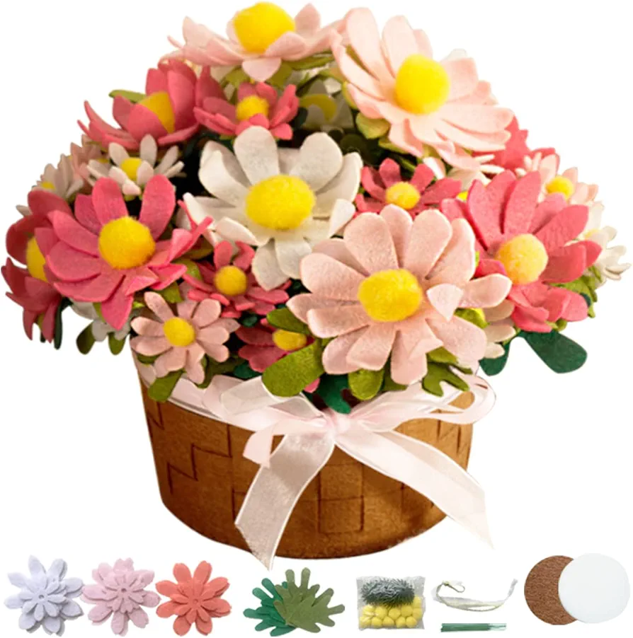 BAZIMA DIY Felt Flower Art Craft Kit, DIY Felt Daisy Pot Bonsai Kit, 33 Daisies ,Floral Gifts,Beginner Craft Kit,Arrange Pre-Cut Felt Flowers and Foliage