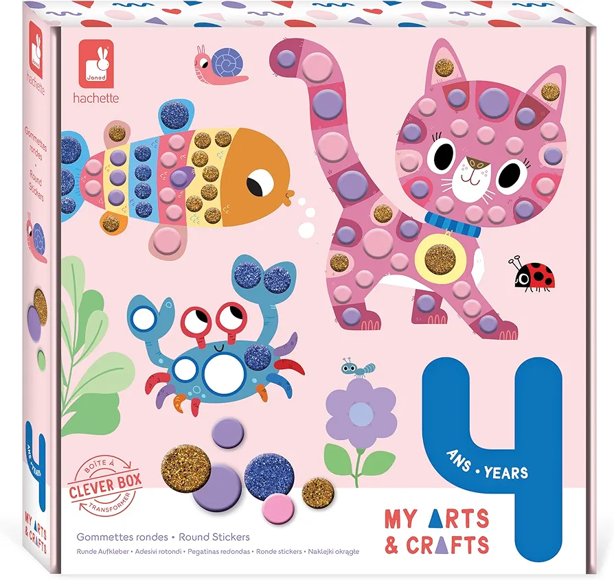 Janod - My Arts & Crafts - 4 Years and up - Round Dots - 4 Pictures - Children’s Arts & Crafts Kit - Mastering Fine Motor Skills & Concentration - J07742