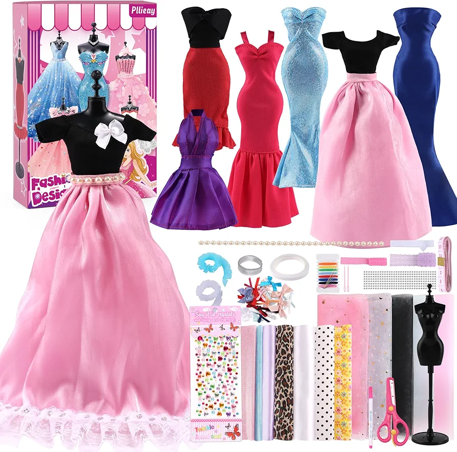 Pllieay Fashion Designer Kit for Girls Sewing Kit Creativity DIY Arts and Crafts Kit DIY Clothing Set with Mannequin,6 Pre-Cut Dresses, 11 Fabric and Doll Accessories for Girls Kids Birthday Gift Toy