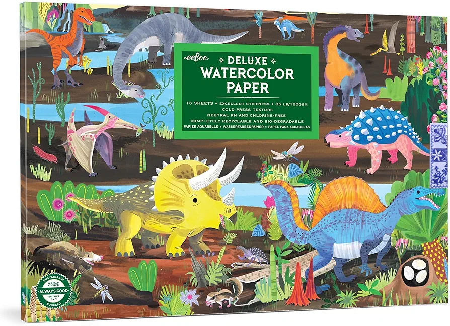 eeBoo: Dinosaur Watercolor Pad - 16 Sheets, 85 lB Paper, 9.5 x 6.5 Book, Neutral PH & Chlorine-Free, Painting Art Supplies, Kids Age 3+