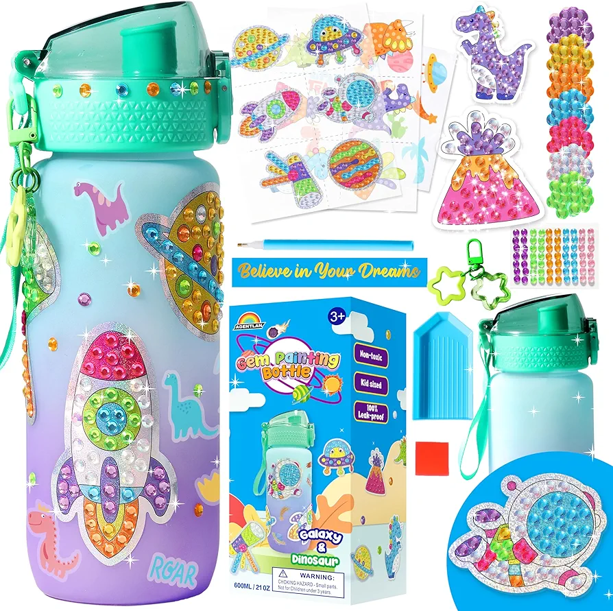 AGENTLAN Decorate Your Own Water Bottle Kit for Boys,Dinosaure and Space Diamond Painting Kits,20oz Leak-Proof Bottle for School,Arts and Crafts,Diamond Art Kits for Age 6 7 8 9
