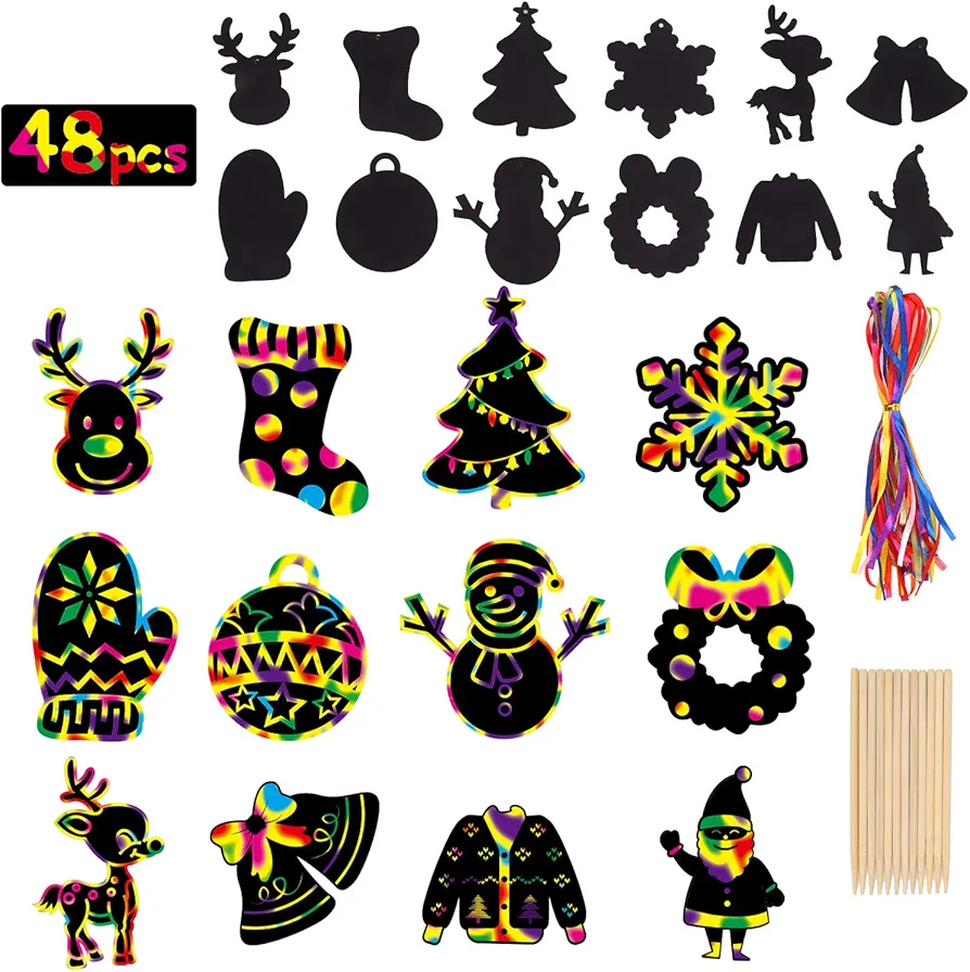 DIYASY Christmas Scratch Art Paper,48 Pcs Crafts Kits Magic Rainbow Scratch Cards for Xmas Tree Ornaments and Kids Birthday Decoration