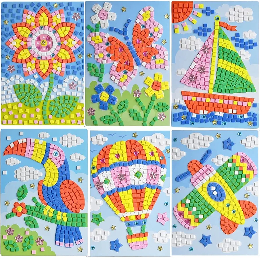LZHZH Mosaic Sticker Art Sticky DIY Handmade Art Kits for Kids - Sunflower, Butterfly, Sailboat, Woodpecker, hot air Balloon, Airplane (6 Pack)