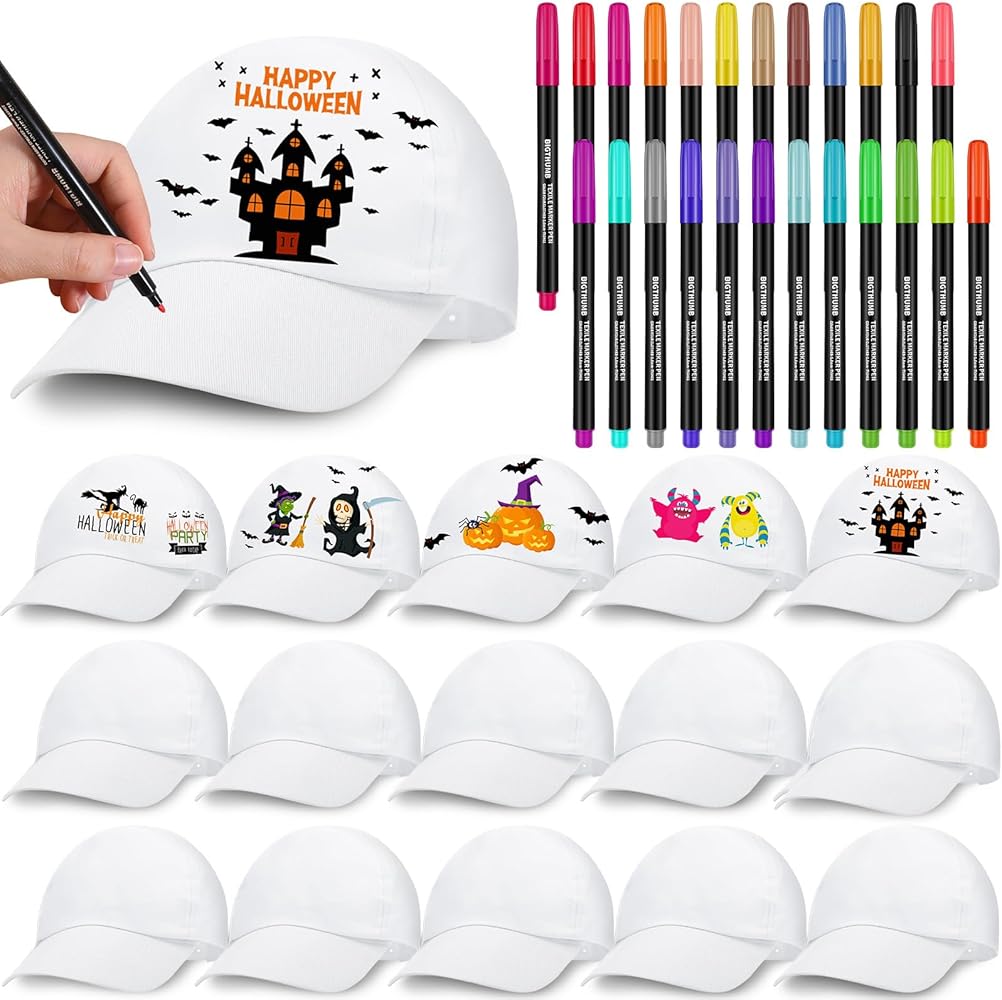 16 Pieces Halloween White DIY Hats with 24 Colors Fabric Markers Pen Bulk for Halloween Supplies