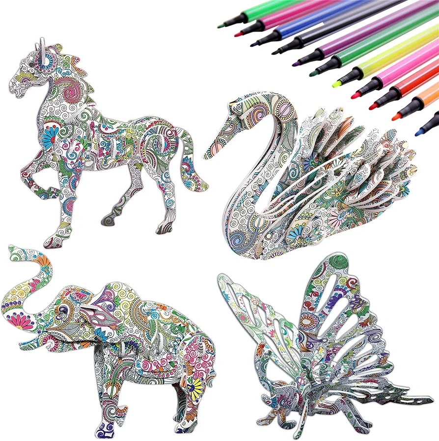 KAZOKU 3D Coloring Puzzle Set,4 Animals Puzzles with 12 Pen Markers, Art Coloring Painting 3D Puzzle for Kids Age 7 8 9 10 11 12. Fun Creative DIY Toys Gift for Girls and Boy