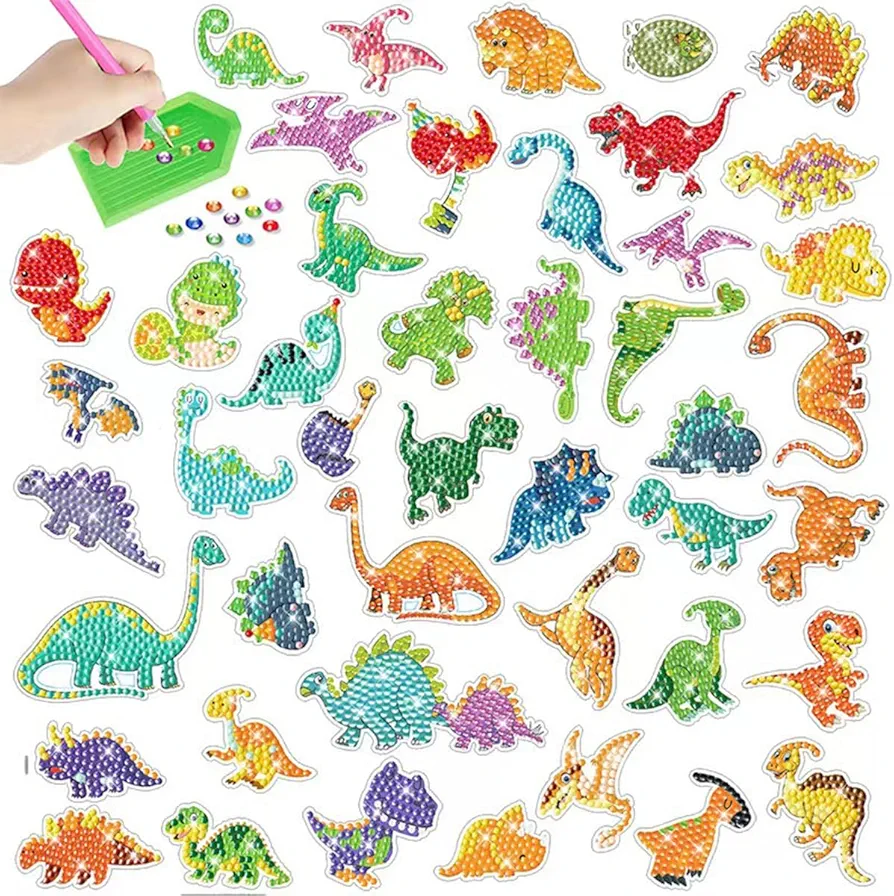 WAKALEE 46pcs 5D Diamond Art Stickers Arts and Crafts Creative Cute Animal Dinosaur Art Paint Kits for Kids Ages 4-6 6-8 8-12 Boys Girls DIY Stickers Toys