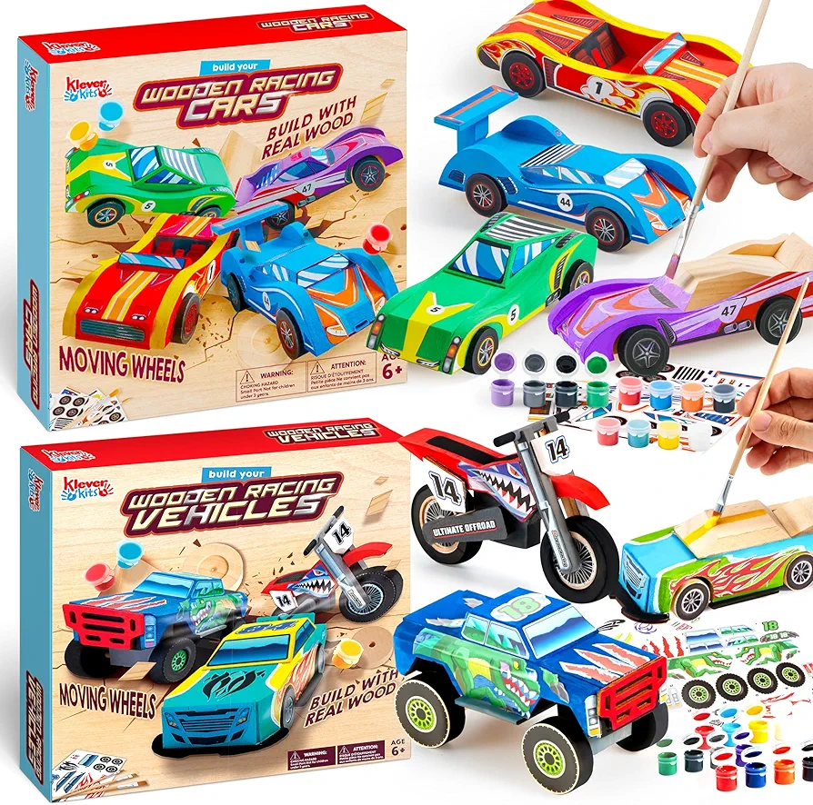 DIY Wooden Race Cars-Build & Paint Your Own Wood Craft Kit Set, Art & Craft Toy, Easy to Assemble Arts Crafts Kit, Birthday Party Presents for Kids Boys Ages 6 and Up
