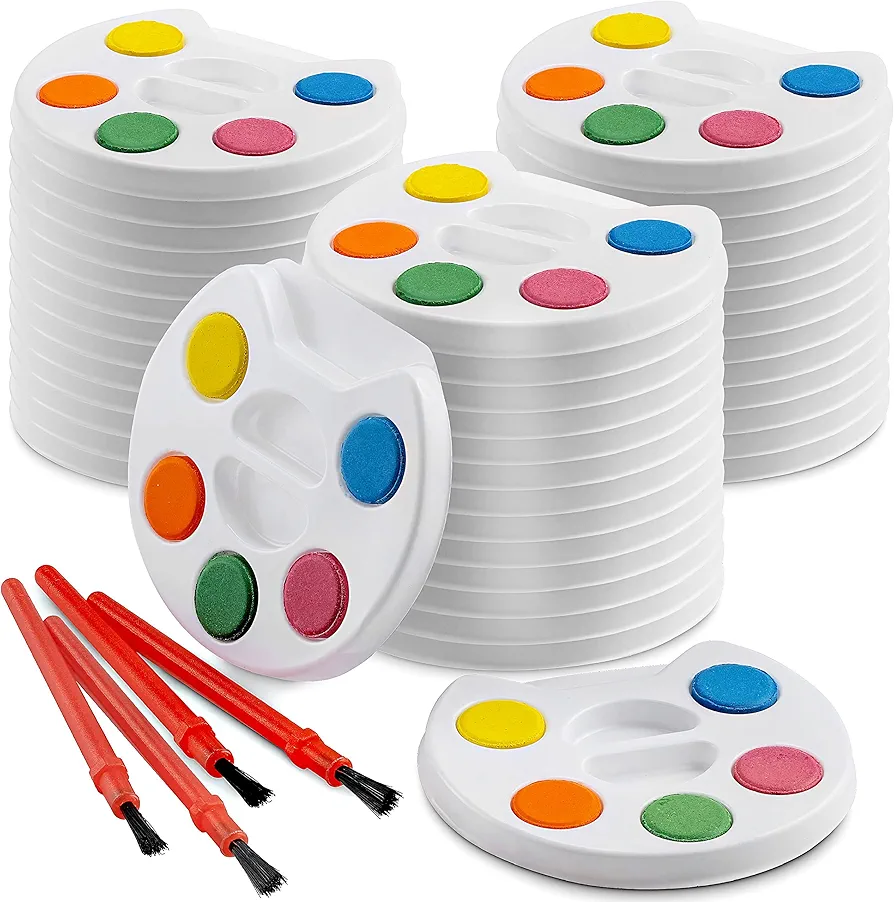 Mini Watercolor Kids Paint Set - (Bulk Pack of 24) - 5 Watercolor Paints, Palette Tray and Painting Brush, for Art Party Favors, Kids Prizes, Stocking Stuffers and Paint Party Supplies