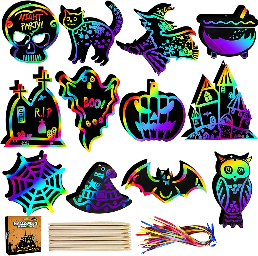Max Fun Halloween Crafts Scratch off Art Paper Cards 48Pack, Magic Rainbow Ornaments Hanging Supplies Educational Toys Kit Halloween Party Games Favors for Kids